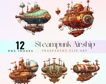Clipart di dirigibile steampunk ad acquerello: dirigibile vintage PNG (download digitale)