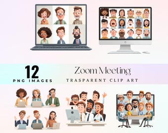 Zoom Meeting Clipart, Cartoon Office Characters, Remote Team Laptop People for Digital Projects & Journaling