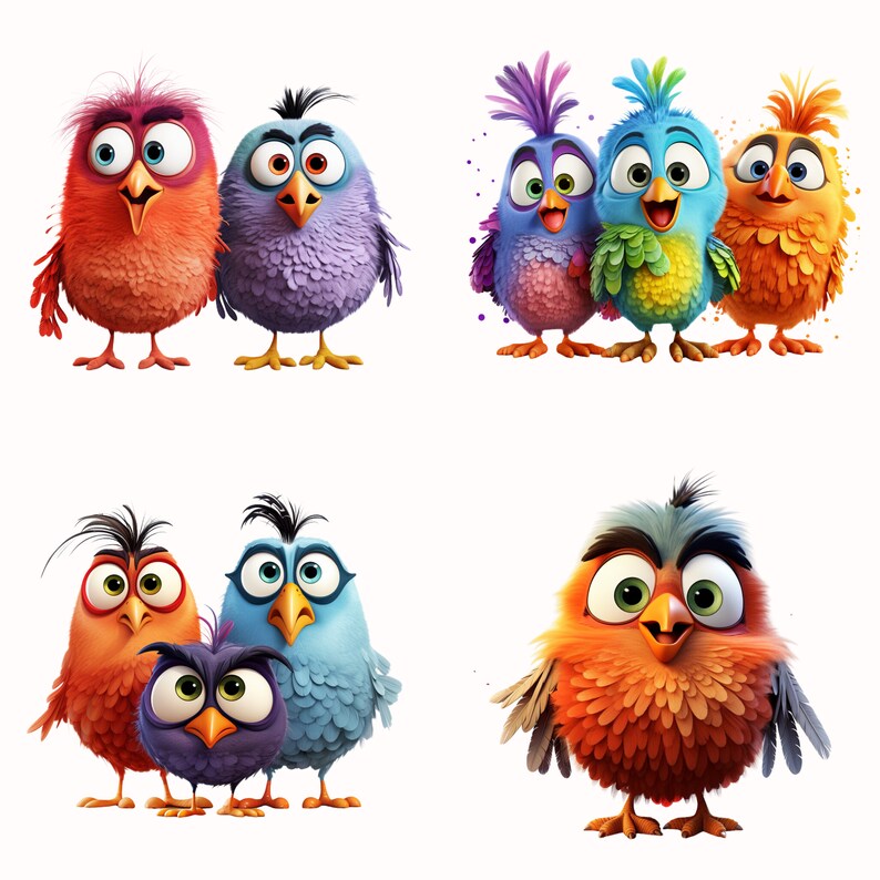 Op de afbeelding: Een groep kleurrijke cartoonvogels met verschillende uitdrukkingen. De vogels kijken allemaal naar voren en hebben grote ogen. Sommige vogels dragen hoeden.