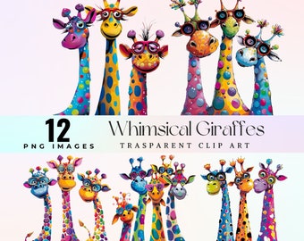 Whimsical Giraffe Clip Art: Watercolor PNG Graphics (Digital Download)