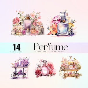 Klipart z perfumami Glam, ilustracja akwarelowego szykownego wózka z perfumami PNG, sztuka zapachu Glomour, grafika pastelowych perfum, zapachy Vogue