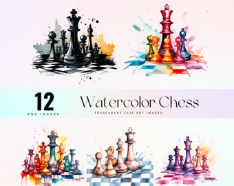 Watercolor Chess Game Clipart: Multicolor PNG Graphics (Digital Download)