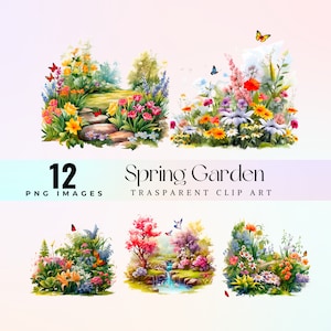 joyful spring garden clip art, watercolor magic meadow mood illustration PNG, delicate floral glee graphic art, green spring vibe artwork