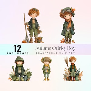 Autumnal Quirky Boy Watercolor Clipart: Vintage Kids Illustration (PNG Digital Download)