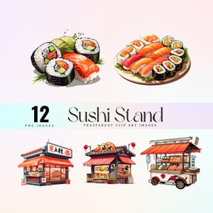 Świeży klipart stoiska sushi, akwarelowa artystyczna ilustracja sklepu sushi PNG, soczysta japońska grafika kulinarna, grafika kuchni orientalnej