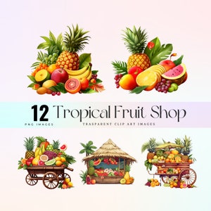 Cute fresh Tropical Fruit shop clip art, joyful juicy produce graphic art, watercolor exotic fruit shop illustration png, healthy eating art