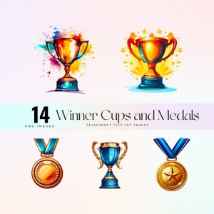Winner Cups and Medals clip art, watercolor winner trophies illustration PNG, victory gold cup medal graphic art, First place clip art
