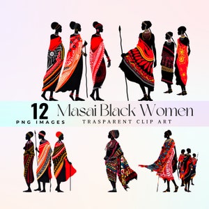 graziose donne Masai clip art, acquerello culturale Kenya bellezza illustrazione PNG, gioiosa arte grafica delle donne africane, opere d'arte di moda tribale