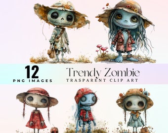 Watercolor Zombie Dolls Clip Art: Whimsical PNG Graphics (Digital Download)
