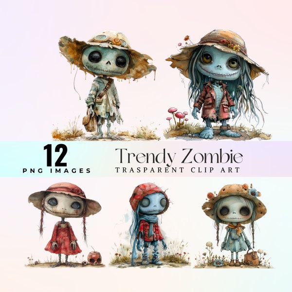 Quirky female zombie clip art, watercolor eccentric zombie dolls illustration PNG, whimsy dead cartoon dames graphic art, unique zombie gals