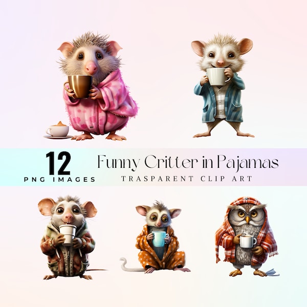 Funny critters in pajamas clip art, watercolor quirky animals in sweet nighties illustration PNG, witty coffee in pajamas graphic art png