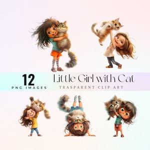 lustiges kleines Mädchen mit Katze Clip Art, katastrophale Spielzeit Illustration PNG, niedliche Kitty Unglück Grafik Kunst, verspieltes Kind Kunstwerk