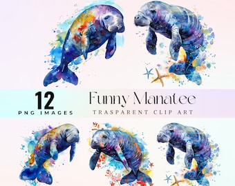 Whimsical Manatee clip art, watercolor lovely sea cow illustration PNG, funny cartoon manatee graphic art, quirky sea cow artwork, Ocean art