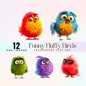 ClipArt divertenti Fluffy Bird, illustrazione di uccellini divertenti dell'acquerello PNG, arte grafica di piume soffici del fumetto, arte aviaria comica, uccelli eccentrici