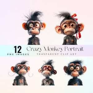 Crazy Monkey Portrait ClipArt, Aquarell exzentrische Affengesicht Illustration PNG, skurrile Cartoon-Affen-Grafik, lustige kleine Affen-Bastelarbeiten