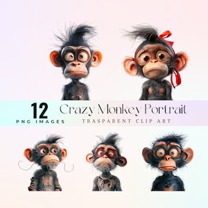 Crazy Monkey Portrait clip art, watercolor eccentric monkey face illustration PNG, quirky cartoon ape graphic art, funny tiny monkey crafts image 1