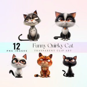 Quirky 3D cat clip art, eccentric 3D kitty illustration PNG, cartoon whimsical feline graphic art, funny cat 3D caricature artwork 300 Dpi