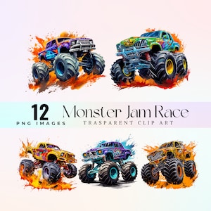 Puede incluir: Doce ilustraciones digitales de monster trucks en varios colores, incluyendo morado, verde, amarillo y azul. Los camiones están sobre un fondo blanco con salpicaduras de pintura naranja. El texto "12 Monster Jam Race PNG Images Transparent Clip Art" está en la parte inferior de la imagen.