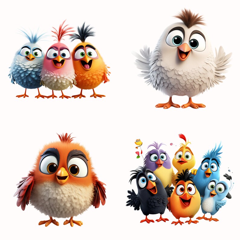 Op de afbeelding: Een groep cartoonvogels met verschillende gekleurde veren. De vogels kijken allemaal naar de camera en hebben verschillende gezichtsuitdrukkingen. Sommige vogels staan op een witte achtergrond, terwijl andere op een groene achtergrond staan.