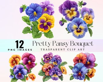 Watercolor Pansy Bouquet Clip Art: Viola Flower PNG (Digital Download)