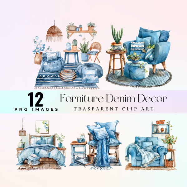 Cute forniture Denim decor clip art, watercolor trendy denim furnish illustration PNG,  cool cartoon jean decor graphic art, blue jeans art