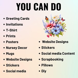 Puede incluir: Una lista de proyectos creativos que puedes hacer con dise&ntilde;os digitales, incluyendo tarjetas de felicitaci&oacute;n, invitaciones, camisetas, impresiones, carteles, decoraci&oacute;n de guarder&iacute;a, tazas, dise&ntilde;os de sitios web, pegatinas y contenido de redes sociales.