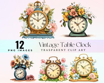 Vintage Clock Watercolor Illustration, Retro Floral Clocks PNG (Digital Download)