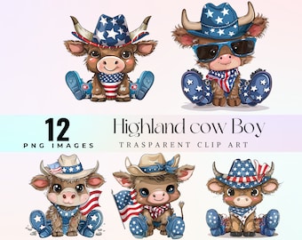 Watercolor Highland Cow Cowboy Clip Art: American Calf PNG (Digital Download)