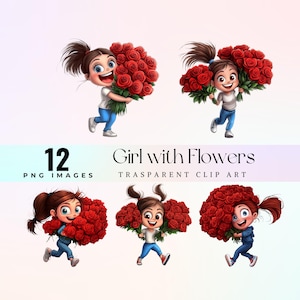 Cute Cartoon Girl with Big Red Rose Bouquet Clipart, Romantic girl and Flowers PNG, Valentine’s Day Digital Download Art