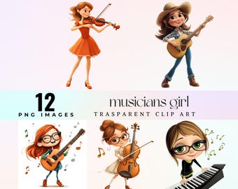 Musician Girl Clipart: Guitar, Violin, Piano PNG (Digital Download)