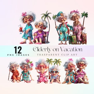 Divertidas abuelas de vacaciones clip art, acuarela hilarante viejas mejores amigas mayores ilustración de viaje PNG, divertidas abuelas hawaianas arte gráfico