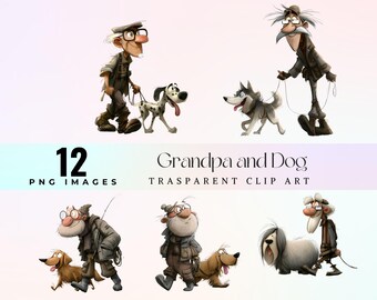 Grandpa and Dog Clipart, Funny Old Man Walking Dog, Whimsical Grandfather with Pet Lover