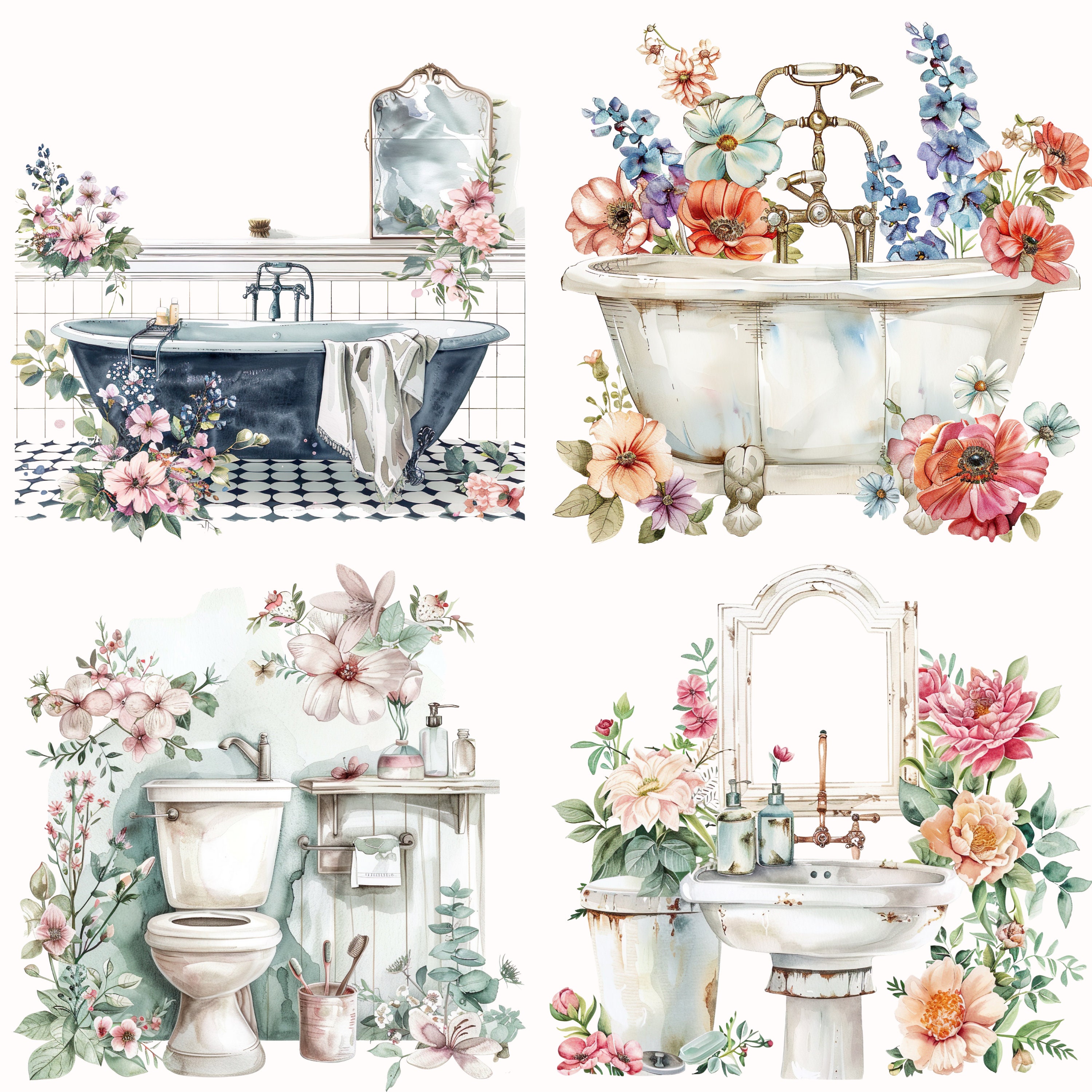 Vintage Bathroom Clip Art, Watercolor Cute Retro Bathroom and Flowers ...