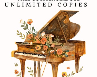 Watercolor Floral Piano Clip Art: Blossom Keyboard PNG (digital