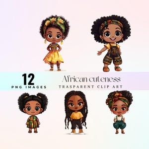 Clip art carina di carineria africana, divertente illustrazione di bambina nera Chibi PNG, grafica di bellezza africana dei cartoni animati 300 Dpi