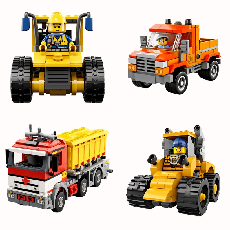 May include: Four toy construction vehicles with yellow and orange bodies and black wheels. Each vehicle has a driver figure with a yellow hard hat. The vehicles include a bulldozer, a dump truck, a cement mixer, and a backhoe.