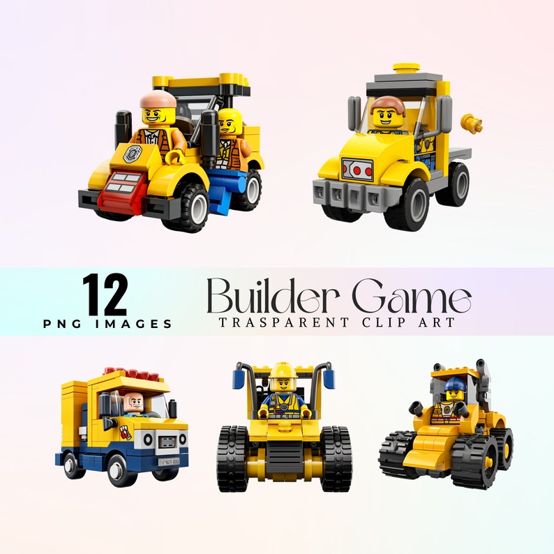 May include: A set of 12 digital clipart images of yellow toy construction vehicles with minifigure drivers. The vehicles include a dump truck, a bulldozer, a backhoe, and a cement mixer. The images are perfect for creating fun and educational projects.