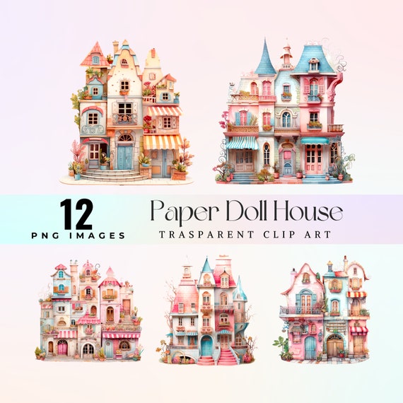 Pastel Dollhouse Clip Art: Whimsical Paper Home Designs (PNG, 300