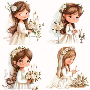May include: Four illustrations of girls in white dresses and veils, each holding a bouquet of white roses and candles. The girls have brown hair and are smiling.