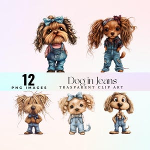 Cute dog in jeans clip art, funny denim puppy illustration PNG, cartoon whimsical blue jeans pet graphic art, cool dog style artwork