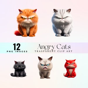 Lindos gatos enojados clip art, hilarante ilustración de gato malhumorado PNG, divertido arte gráfico de gatito gruñón, arte felino ardiente digital imprimible
