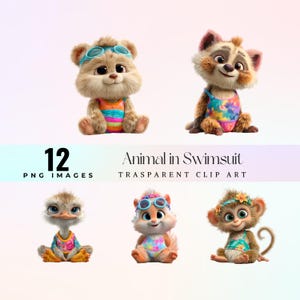 Cute Baby Animal in Swimsuit Clipart, kawaii beach baby animals, adorable Summer critter  PNG for Stickers, Invitations, Scrapbooking