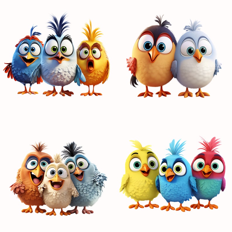 Op de afbeelding: Een groep cartoonvogels met verschillende gekleurde veren en uitdrukkingen. De vogels staan in een rij en kijken naar de kijker.