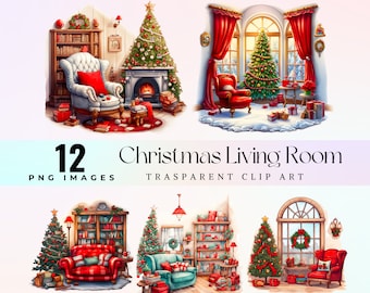 Watercolor Christmas Living Room Clipart: Festive Fireplace Scene (PNG Digital Download)