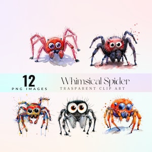 May include: A collection of 12 whimsical spider PNG images. The spiders are depicted in a watercolor style, with vibrant colors and expressive eyes. The text "Whimsical Spider Transparent Clip Art" is also included.