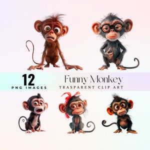 May include: A set of 12 digital clip art images featuring cartoon monkeys with different expressions and accessories. The monkeys are in various poses, including sitting, standing, and looking surprised. The images are perfect for adding a playful touch to your projects.