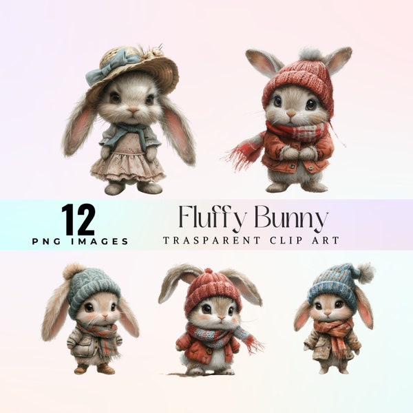 Tiny Bunny clip art, sweet  bunnies in pastel outfits illustration PNG, little cute  puffy rabbit graphic art, tiny hoppers artwork