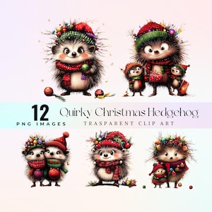 Clipart hérisson de Noël original, tenues de fête drôles mini hérisson illustration PNG, dessin animé minuscules vacances épines créatures art graphique