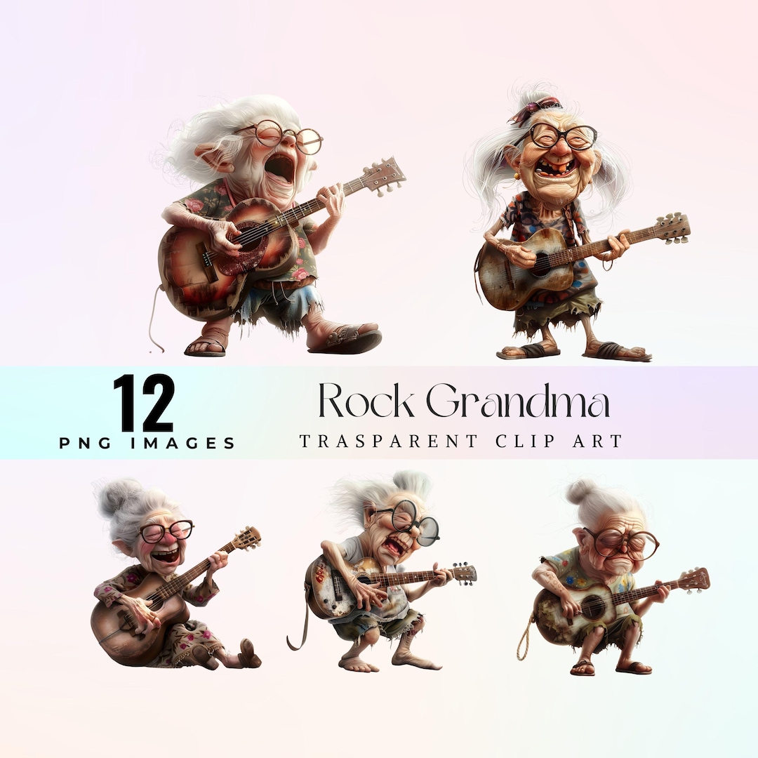 Whimsical Grandma Musician Clip Art: Funny Granny Guitar PNG