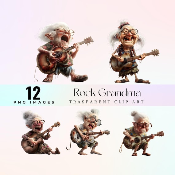 Whimsical Grandma Musician Clip Art: Funny Granny Guitar PNG